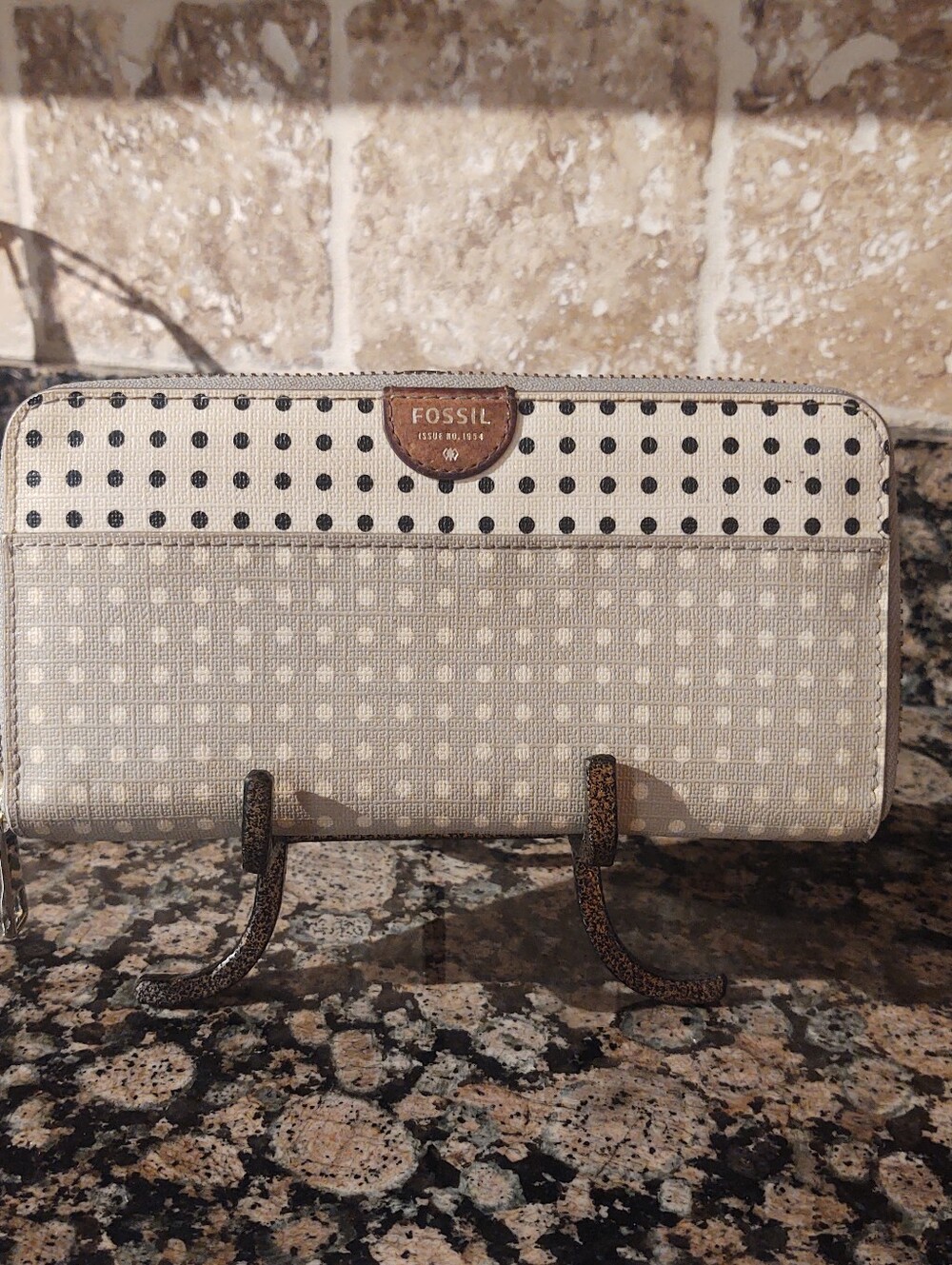 Fossil Neutral Polka Dot Zip Wallet with Leather Logo Tab